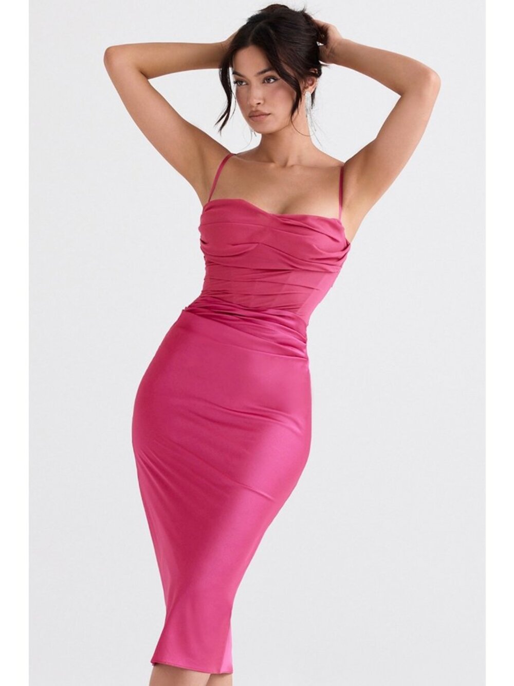 HOUSE OF CB TEIA Hot Pink Draped Corset Midi Dress Size S